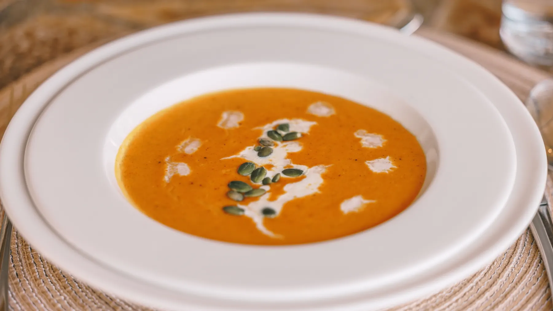 Pumpkin soup finished with toasted seeds