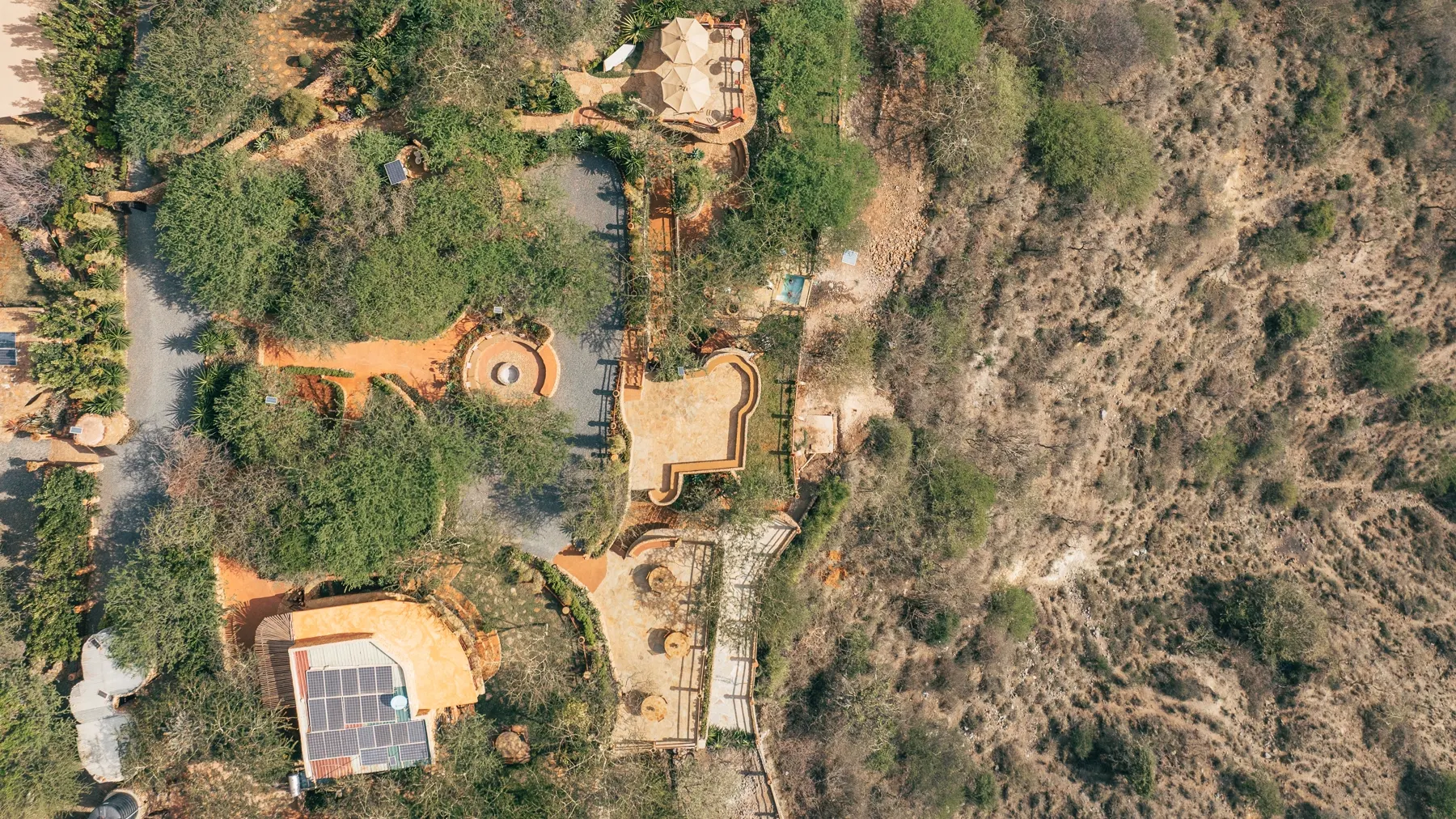 Garden paths winding through preserved natural terrain
