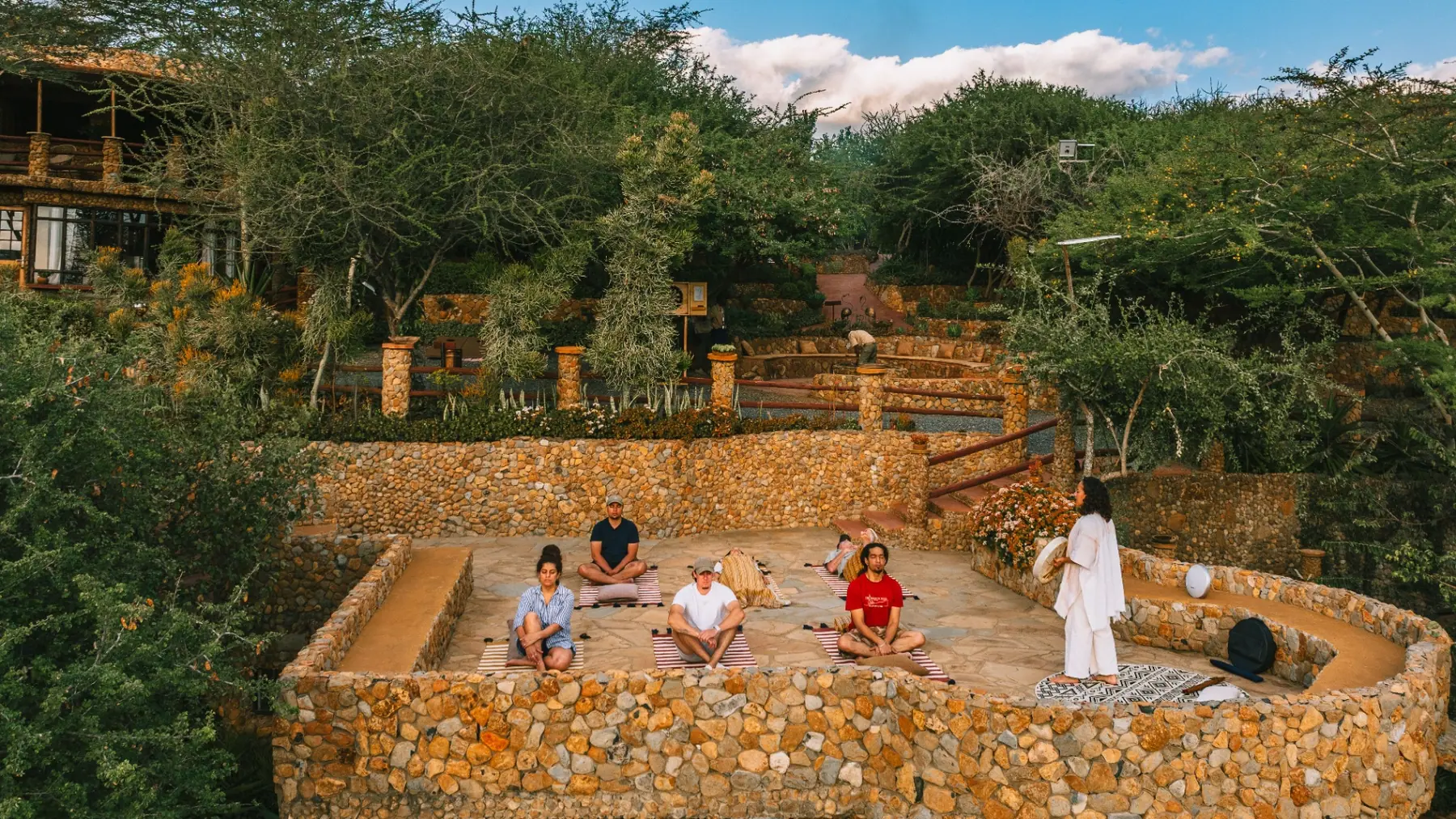 Sunset meditation circle on the stone terrace